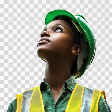 A photo realistic, realistic high-detail render of an african female manufacturing engineer with a green safety helmet and yellow safety vest looking up to the sky. An engineer An epic future-looking feel. Exposure 6.8. A white background. Shot using a Sony Alpha A7 III with a Zeiss 55mm f/1.8 lens, the camera settings are f/2.8, ISO 2000