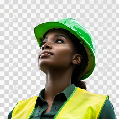 A photo realistic, realistic high-detail render of an african female manufacturing engineer with a green safety helmet and yellow safety vest looking up to the sky. An engineer An epic future-looking feel. Exposure 6.8. A white background. Shot using a Sony Alpha A7 III with a Zeiss 55mm f/1.8 lens, the camera settings are f/2.8, ISO 2000