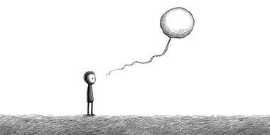 A thought bubble. black and white stick figure, Simple lines, artist Jon Klassen style. with a pure white background