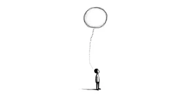A thought bubble. black and white stick figure, Simple lines, artist Jon Klassen style. with a pure white background