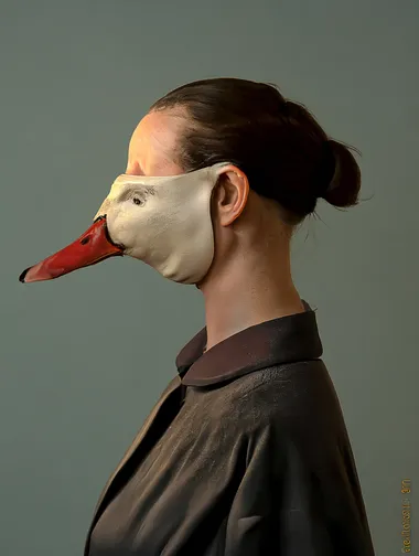 A melancholy photograph of the profile view of a girl wearing a vintage goose mask, in the style of Michael Borremans     rofile cq68b4z --oref