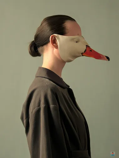 A melancholy photograph of the profile view of a girl wearing a vintage goose mask, in the style of Michael Borremans     rofile cq68b4z --oref