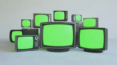 cutie mini 3d rendered televisions with black frame illsustration of stack of old televisions with green screen isolated on white room,
