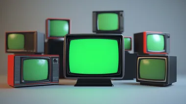cutie mini 3d rendered televisions with black frame illsustration of stack of old televisions with green screen isolated on white room,