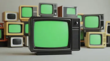 cutie mini 3d rendered televisions with black frame illsustration of stack of old televisions with green screen isolated on white room,