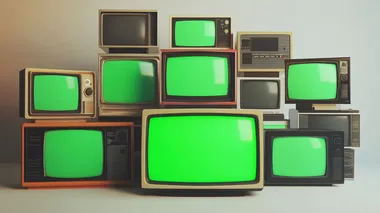 cutie mini 3d rendered televisions with black frame illsustration of stack of old televisions with green screen isolated on white room,