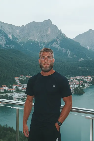 brutal handsome European man with beard in very long oversize untucked dark blue T-shirt standing at a large window with a view of Impressive mountains, very long oversize untucked dark blue T-shirt, front lighting, neon lighting, brutal face, gray eyes color, contrast colors, pinterest style, instagram style   --s 750   fbkwo1t