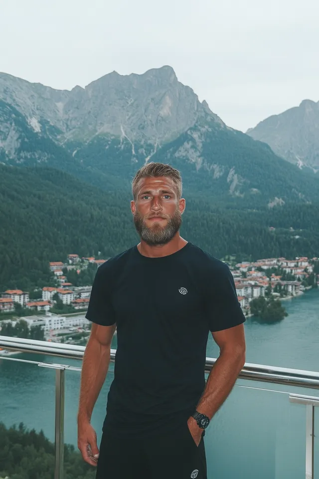 Brutal Handsome European Man with Beard on Balcony Overlooking Lake