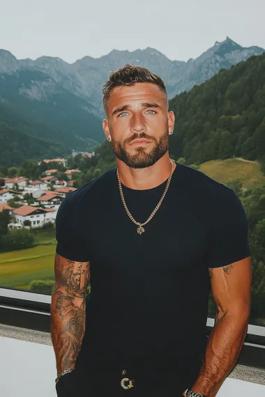 brutal handsome European man with beard in very long oversize untucked dark blue T-shirt standing at a large window with a view of Impressive mountains, very long oversize untucked dark blue T-shirt, front lighting, neon lighting, brutal face, gray eyes color, contrast colors, pinterest style, instagram style   --s 750   fbkwo1t
