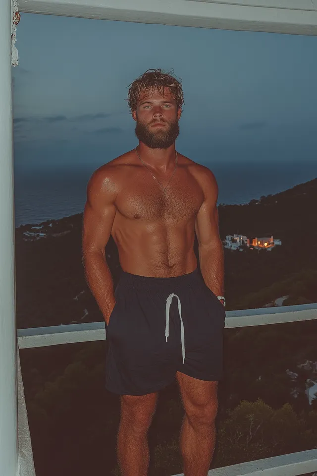 Shirtless European man with beard stands in balcony by ocean view