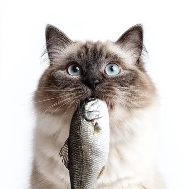 A cute Ragdoll cat holding a fish in its mouth with white background.