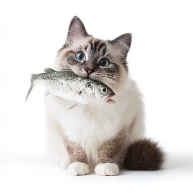 A cute Ragdoll cat holding a fish in its mouth with white background.