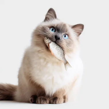 A cute Ragdoll cat holding a fish in its mouth with white background.