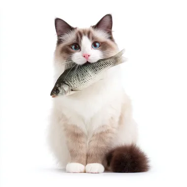 A cute Ragdoll cat holding a fish in its mouth with white background.