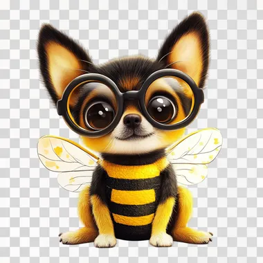 a very cute realistic dog dressed as a bee with big glasses, cartoon style , white background