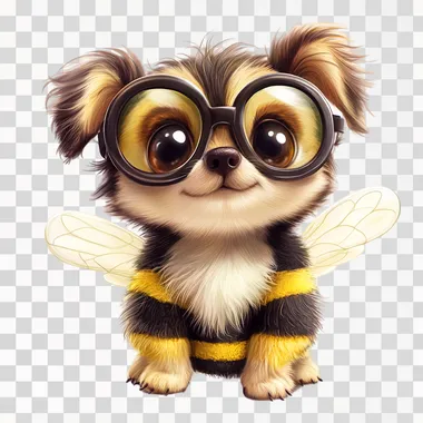 a very cute realistic dog dressed as a bee with big glasses, cartoon style , white background