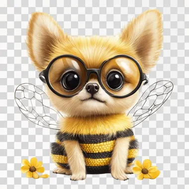 a very cute realistic dog dressed as a bee with big glasses, cartoon style , white background