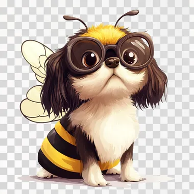 a very cute realistic dog dressed as a bee with big glasses, cartoon style , white background