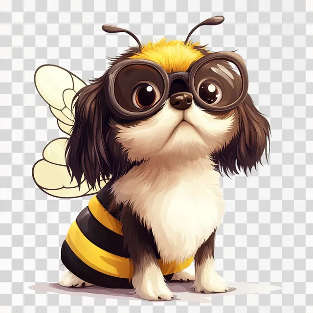 PNG Cute small dog in bee costume with big glasses, cartoon style pet art