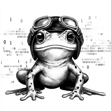 can you help me create a smiling cartoon frog that is wearing a pilot helmet and goggles. The frog should be squatting and facing forward. it should be very simple and black and white. there should be binary code (1s and 0s) floating around the background.