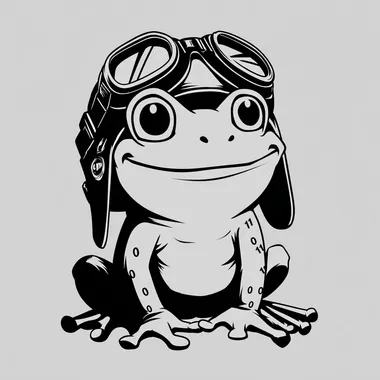can you help me create a smiling cartoon frog that is wearing a pilot helmet and goggles. The frog should be squatting and facing forward. it should be very simple and black and white. there should be binary code (1s and 0s) floating around the background.