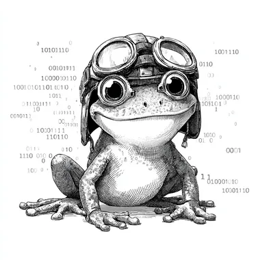 can you help me create a smiling cartoon frog that is wearing a pilot helmet and goggles. The frog should be squatting and facing forward. it should be very simple and black and white. there should be binary code (1s and 0s) floating around the background.