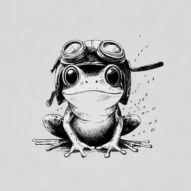 can you help me create a smiling cartoon frog that is wearing a pilot helmet and goggles. The frog should be squatting and facing forward. it should be very simple and black and white. there should be binary code (1s and 0s) floating around the background.