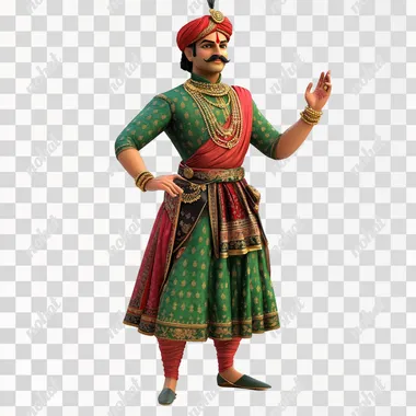 hindu indian prince wearing green and red mixed attire, wearing jwellery, mustache,, bajubandh, waistband, side view, talking hand, 3d, animated image, white background,