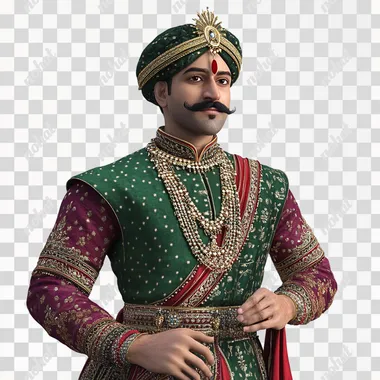 hindu indian prince wearing green and red mixed attire, wearing jwellery, mustache,, bajubandh, waistband, side view, talking hand, 3d, animated image, white background,
