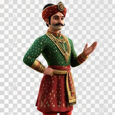 hindu indian prince wearing green and red mixed attire, wearing jwellery, mustache,, bajubandh, waistband, side view, talking hand, 3d, animated image, white background,
