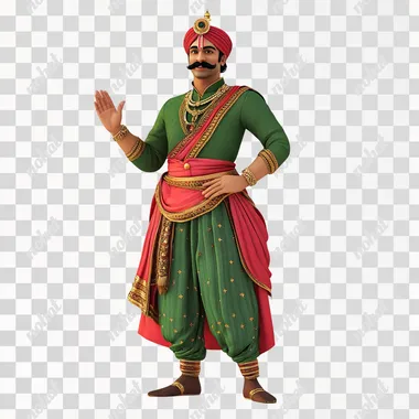 hindu indian prince wearing green and red mixed attire, wearing jwellery, mustache,, bajubandh, waistband, side view, talking hand, 3d, animated image, white background,