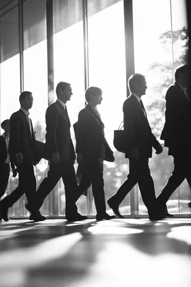 some business men and women walking towards same direction, black and white photo, side view,