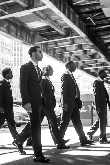 some business men and women walking towards same direction, black and white photo, side view,