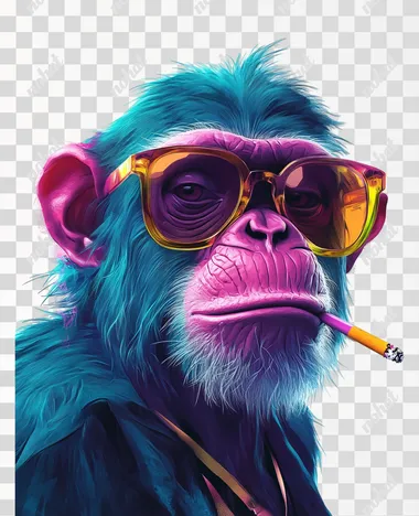 Fancy monkey cartoon smoking. Ultra realistic HD 8k. Plain white background. Teal, yellow, pink color scheme. Colorful and fun vibe
