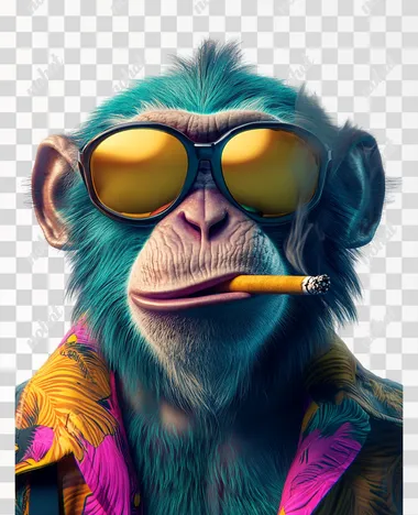Fancy monkey cartoon smoking. Ultra realistic HD 8k. Plain white background. Teal, yellow, pink color scheme. Colorful and fun vibe