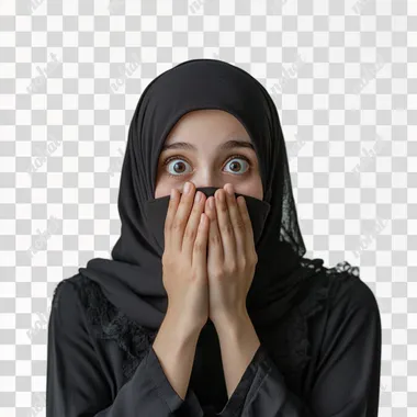 Portrait of a young woman wearing a hijab, wearing a dark abaya | She covers her mouth with both hands, wide eyes and raised eyebrows conveying surprise or shyness | Plain gray background to keep focus on her expression | Soft lighting to emphasize her facial features and cozy attire | The mood is reserved and expressive, capturing her shy or surprised reaction