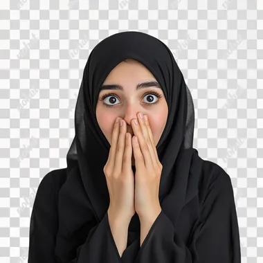 Portrait of a young woman wearing a hijab, wearing a dark abaya | She covers her mouth with both hands, wide eyes and raised eyebrows conveying surprise or shyness | Plain gray background to keep focus on her expression | Soft lighting to emphasize her facial features and cozy attire | The mood is reserved and expressive, capturing her shy or surprised reaction