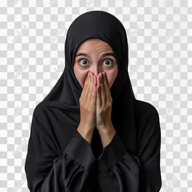Portrait of a young woman wearing a hijab, wearing a dark abaya | She covers her mouth with both hands, wide eyes and raised eyebrows conveying surprise or shyness | Plain gray background to keep focus on her expression | Soft lighting to emphasize her facial features and cozy attire | The mood is reserved and expressive, capturing her shy or surprised reaction