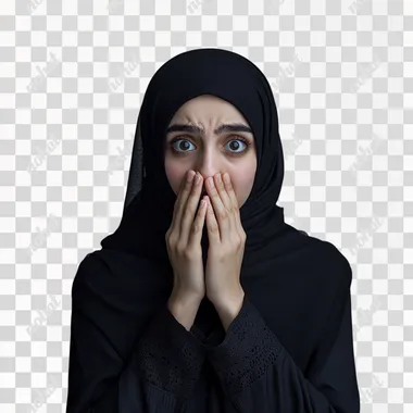 Portrait of a young woman wearing a hijab, wearing a dark abaya | She covers her mouth with both hands, wide eyes and raised eyebrows conveying surprise or shyness | Plain gray background to keep focus on her expression | Soft lighting to emphasize her facial features and cozy attire | The mood is reserved and expressive, capturing her shy or surprised reaction