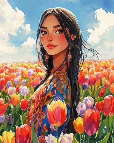 Contest-winning, cartoon-style watercolor portrait of a beautiful Kazakh woman standing in the middle of a vast tulip field. She wears a traditional Kazakh dress with simple yet elegant patterns, reflecting cultural heritage. Her long, dark hair flows naturally, and her expression is warm and cheerful. The vibrant tulips surround her, their soft watercolor strokes blending harmoniously with the bright, whimsical sky. The scene has a playful, stylized look with smooth lines, exaggerated features, and a dreamy, storybook-like atmosphere.   --s 250