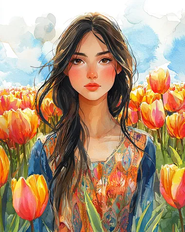 Contest-winning, cartoon-style watercolor portrait of a beautiful Kazakh woman standing in the middle of a vast tulip field. She wears a traditional Kazakh dress with simple yet elegant patterns, reflecting cultural heritage. Her long, dark hair flows naturally, and her expression is warm and cheerful. The vibrant tulips surround her, their soft watercolor strokes blending harmoniously with the bright, whimsical sky. The scene has a playful, stylized look with smooth lines, exaggerated features, and a dreamy, storybook-like atmosphere.   --s 250