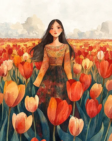 Contest-winning, cartoon-style watercolor portrait of a beautiful Kazakh woman standing in the middle of a vast tulip field. She wears a traditional Kazakh dress with simple yet elegant patterns, reflecting cultural heritage. Her long, dark hair flows naturally, and her expression is warm and cheerful. The vibrant tulips surround her, their soft watercolor strokes blending harmoniously with the bright, whimsical sky. The scene has a playful, stylized look with smooth lines, exaggerated features, and a dreamy, storybook-like atmosphere.   --s 250