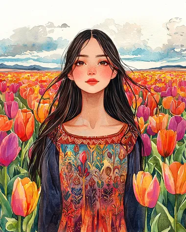 Contest-winning, cartoon-style watercolor portrait of a beautiful Kazakh woman standing in the middle of a vast tulip field. She wears a traditional Kazakh dress with simple yet elegant patterns, reflecting cultural heritage. Her long, dark hair flows naturally, and her expression is warm and cheerful. The vibrant tulips surround her, their soft watercolor strokes blending harmoniously with the bright, whimsical sky. The scene has a playful, stylized look with smooth lines, exaggerated features, and a dreamy, storybook-like atmosphere.   --s 250