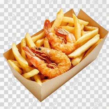 professional food photo, super realistic, rectangular paper box with french fries mixed with three little shrimps in crispy breading inside, white background, isometric view