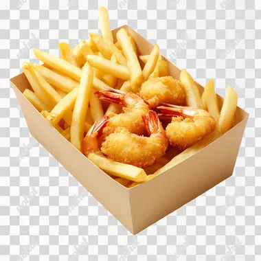 professional food photo, super realistic, rectangular paper box with french fries mixed with three little shrimps in crispy breading inside, white background, isometric view