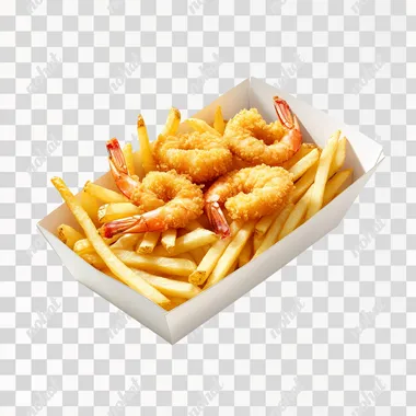 professional food photo, super realistic, rectangular paper box with french fries mixed with three little shrimps in crispy breading inside, white background, isometric view