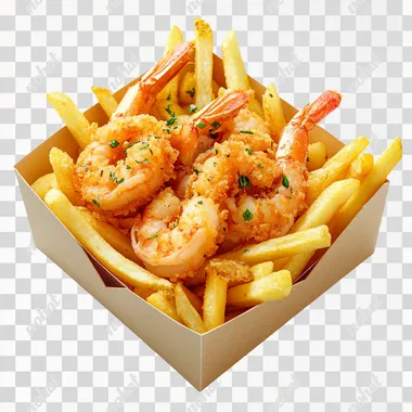 professional food photo, super realistic, rectangular paper box with french fries mixed with three little shrimps in crispy breading inside, white background, isometric view