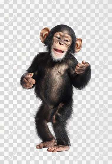 Cute chinpanzee, smile, standing pose, dancing, front view, pure white background, studio light, full-shot,   --raw