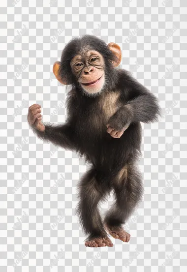 Cute chinpanzee, smile, standing pose, dancing, front view, pure white background, studio light, full-shot,   --raw