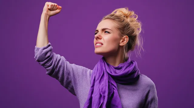 Angry Blonde Woman Protesting in Purple Sweater on Vibrant Background